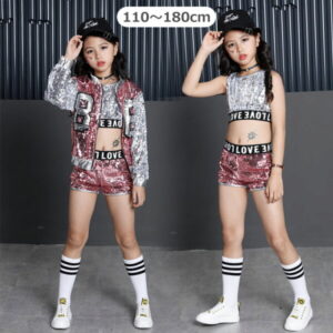 女の子 ダンス衣装 キッズ ジャズダンス ヒップホップ 服装 演出服 団体服 ジャンパー タンクトップ パンツ セット 子供服 ダンスウェア ダンサー スパンコール HIPHOP ポピュラー コーデ 格好いい 発表会 イベント おしゃれ ファッション 110 120 130 140 150 160 170 180