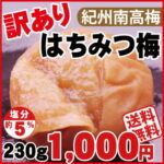 送料無料 訳あり はちみつ梅230g 塩分約5％ 紀州南高梅お子様に人気 甘口梅エコパック 同梱不可・日時指定不可メール便(ゆうパケット)